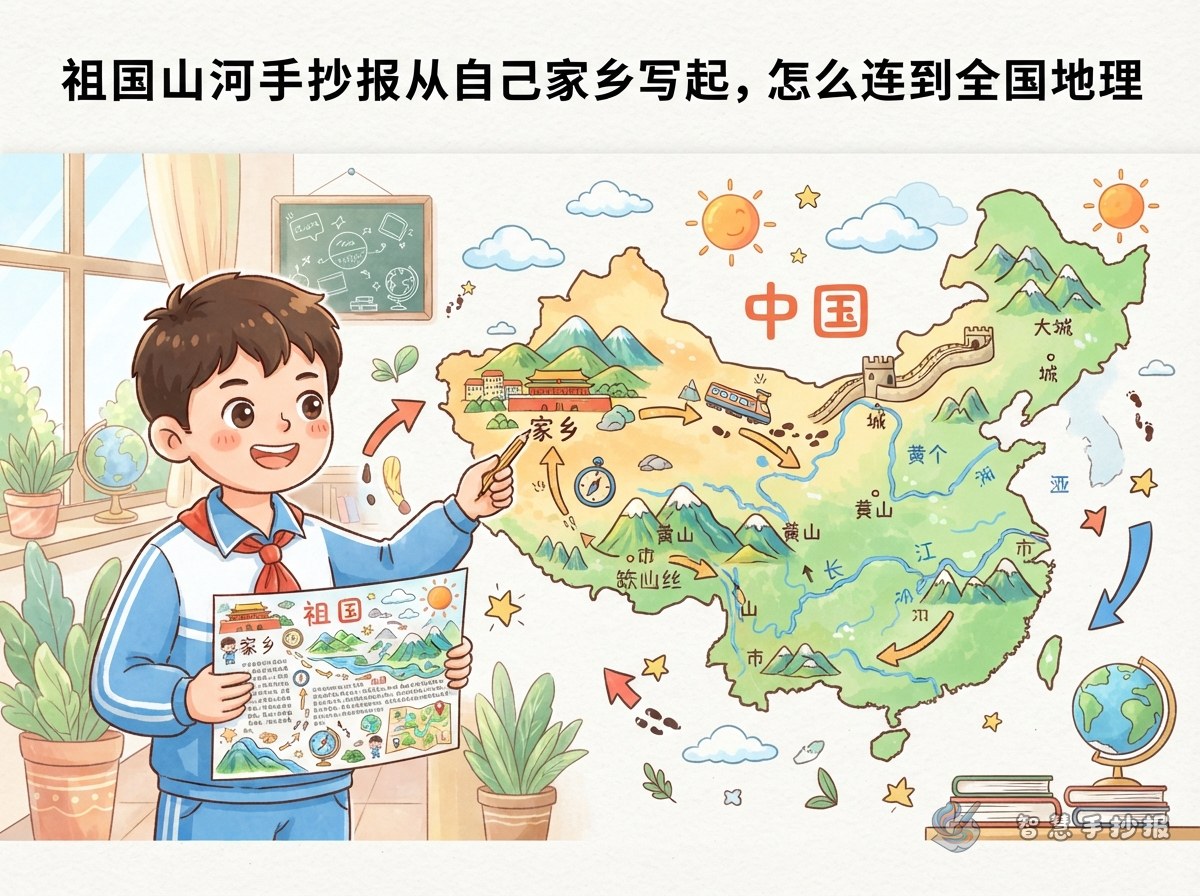 祖国山河手抄报从自己家乡写起，怎么连到全国地理 - 智慧手抄报专题封面图