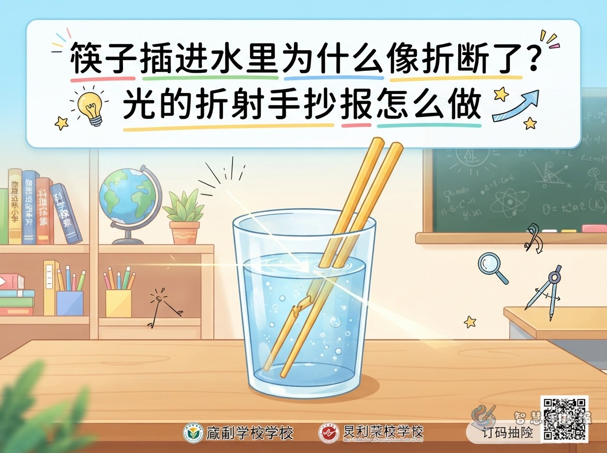 筷子插进水里为什么像折断了？光的折射手抄报怎么做 - 智慧手抄报专题封面图
