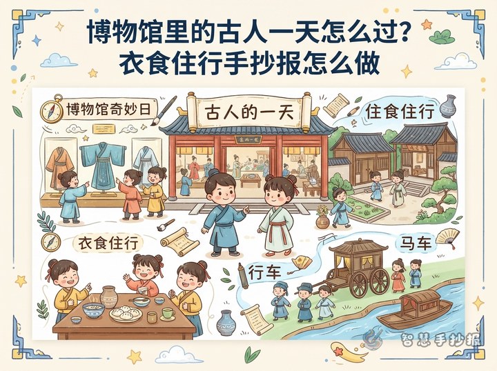 博物馆里的古人一天怎么过？衣食住行手抄报怎么做 - 智慧手抄报线稿作品