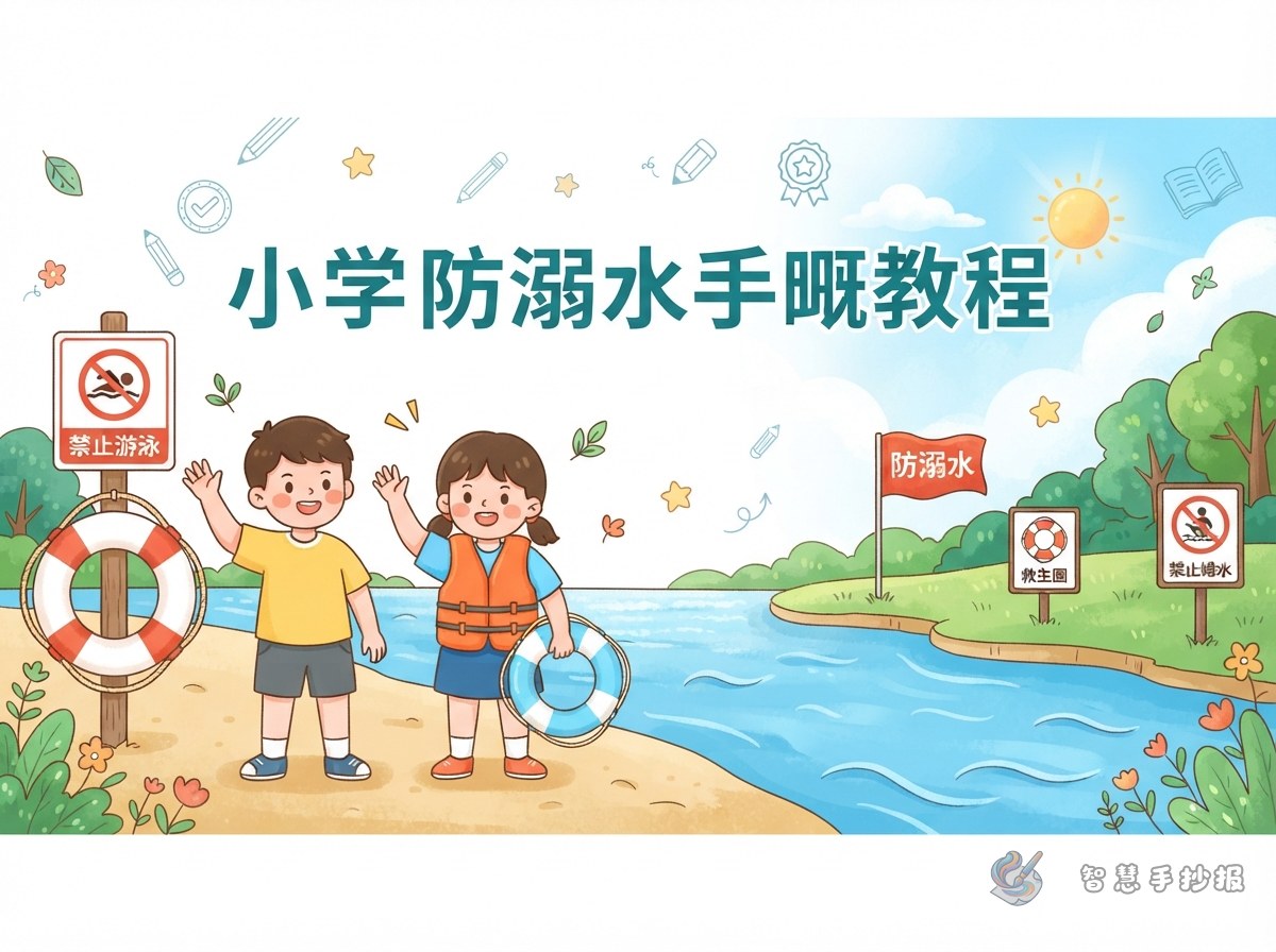 防溺水手抄报插图怎么画？救生圈和安全标志简笔画教程 - 智慧手抄报专题封面图