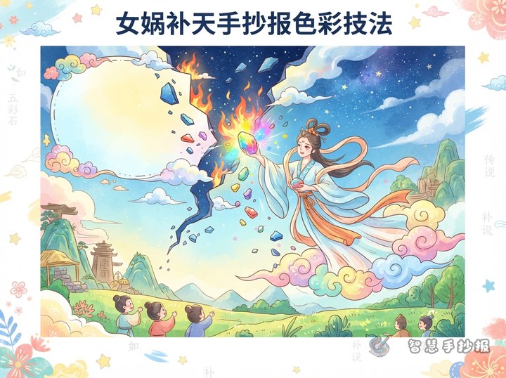女娲补天手抄报怎么用色彩画出天裂与五彩石 - 相关内容封面