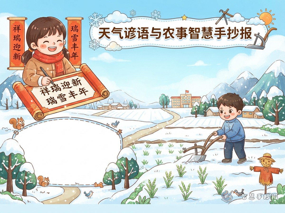 瑞雪兆丰年怎么写进手抄报？雪天谚语与农事版块设计 - 智慧手抄报专题封面图