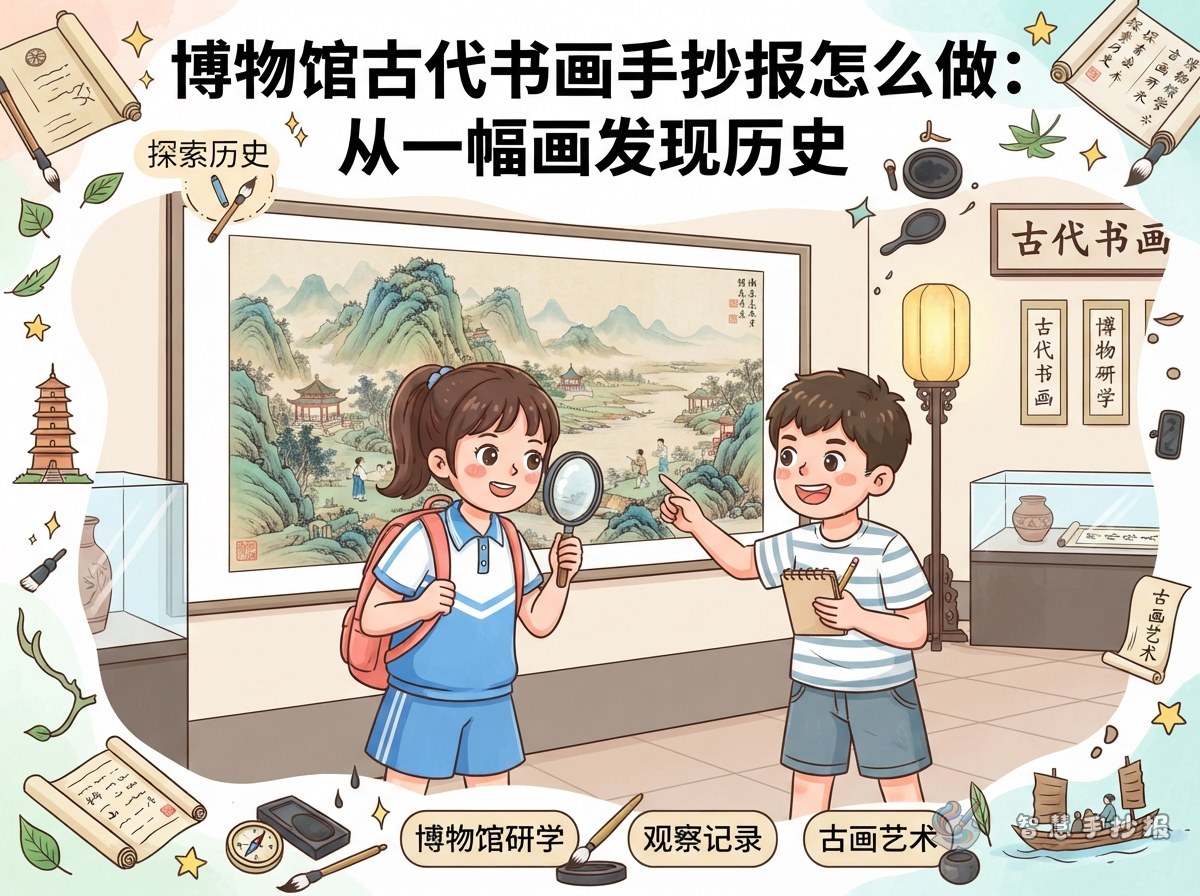 博物馆古代书画手抄报怎么做：从一幅画发现历史 - 智慧手抄报专题封面图