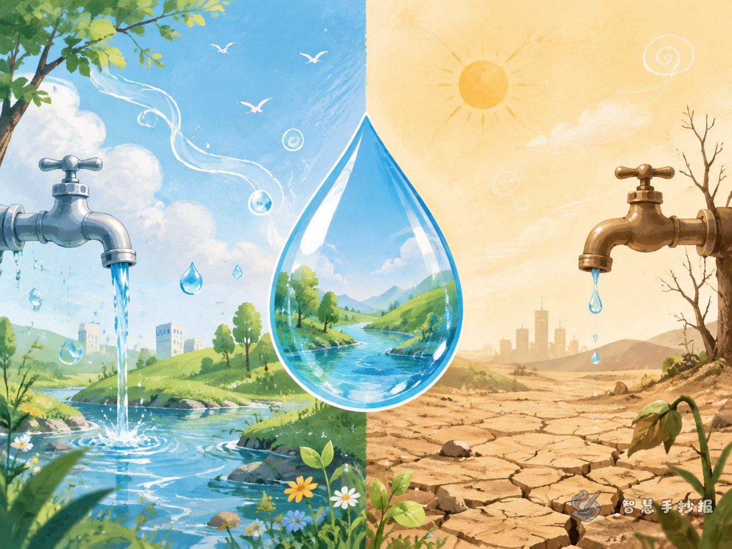 没有水的一天手抄报怎么画？用情景对比讲清节水道理 - 智慧手抄报专题封面图