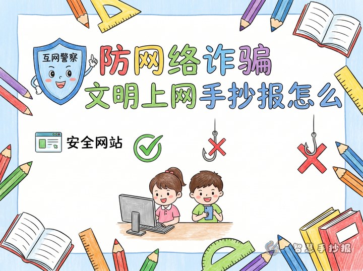 防网络诈骗文明上网手抄报怎么写 - 网络安全文明上网手抄报手抄报封面