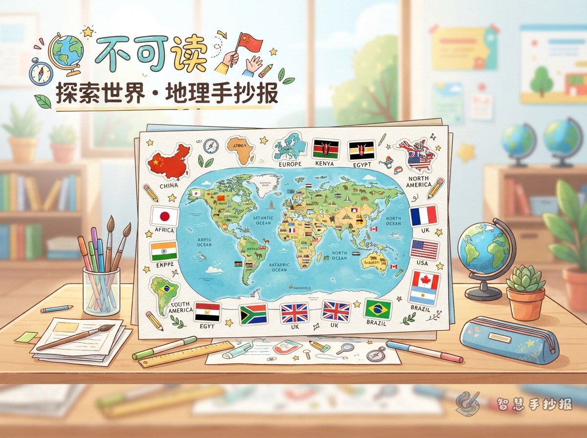怎样用五大洲国旗和世界地图做一张国家地理手抄报？ - 智慧手抄报专题封面图