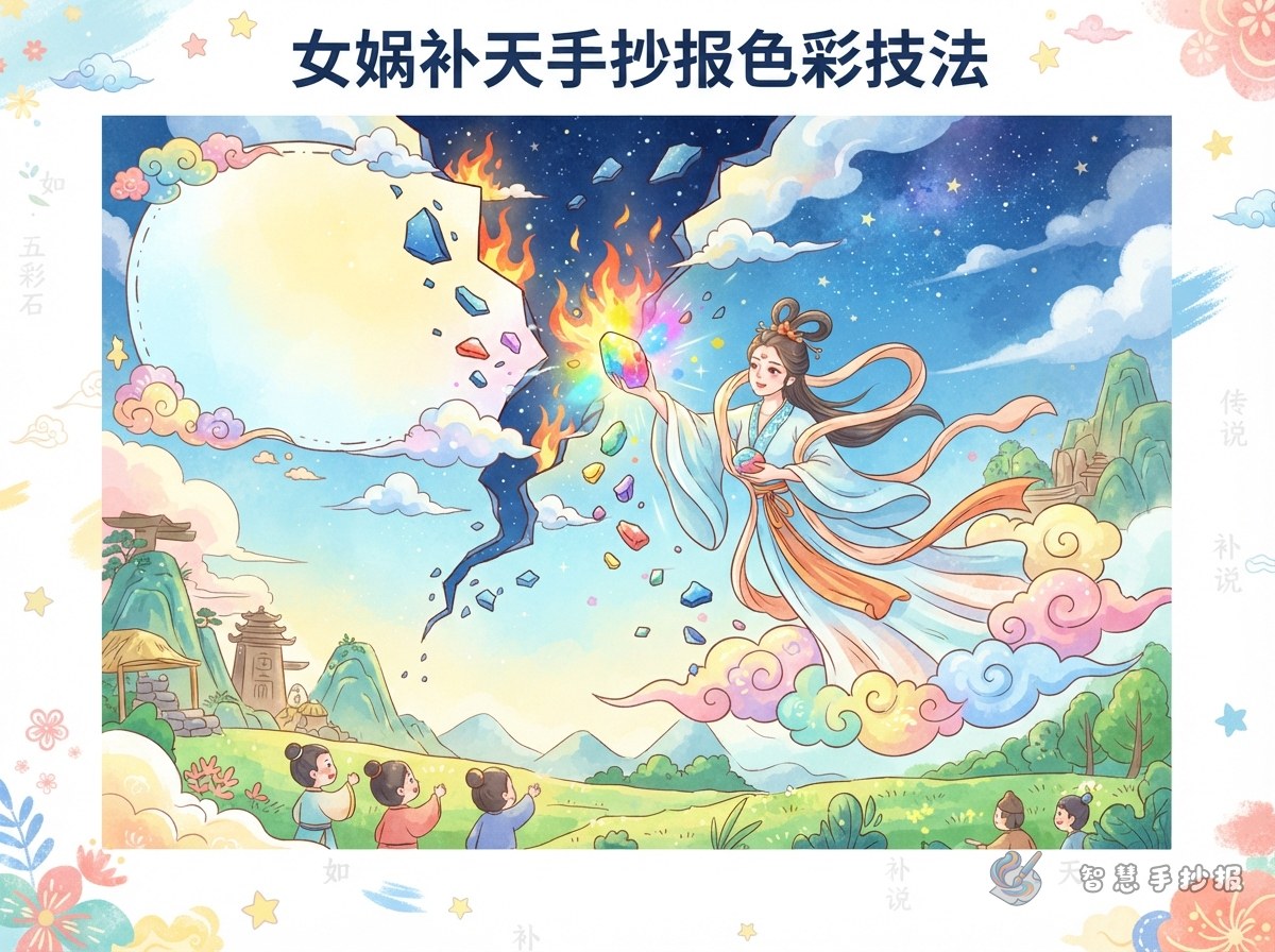 女娲补天手抄报怎么用色彩画出天裂与五彩石 - 智慧手抄报专题封面图