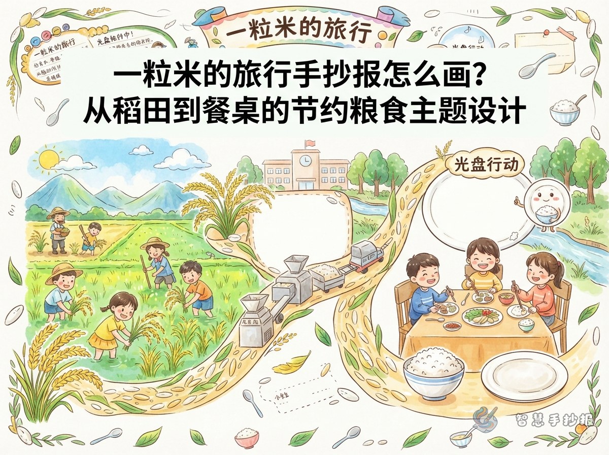 How to Draw a 'Journey of a Grain of Rice' Handwritten Newspaper: A Food-Saving Theme from Paddy Field to Table - Poster topic cover image