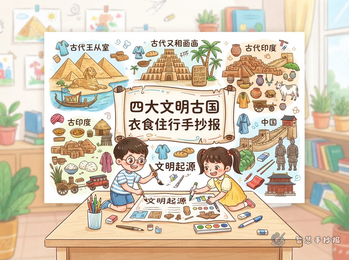 四大文明古国衣食住行手抄报怎么设计 - 智慧手抄报专题封面图
