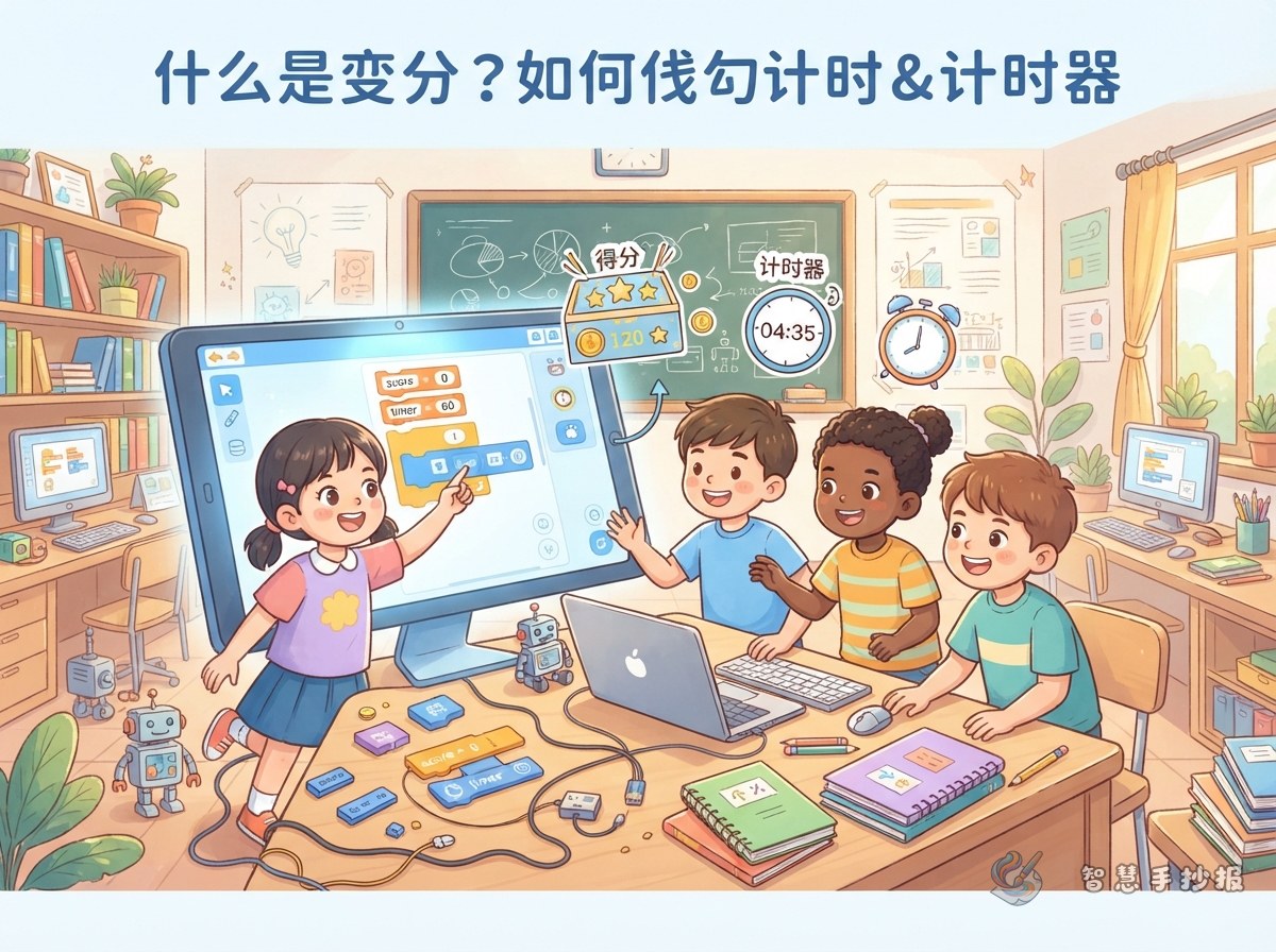 变量是什么？编程里的得分和计时器手抄报怎么做 - 智慧手抄报专题封面图