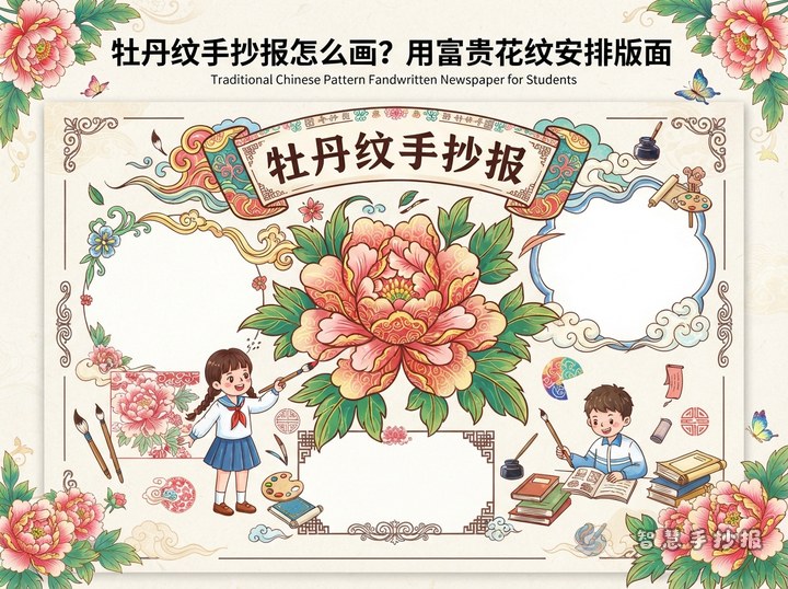 牡丹纹手抄报怎么画？用富贵花纹安排版面 - 相关内容封面