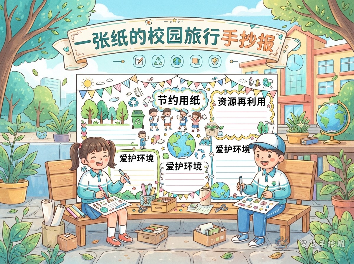 一张纸的校园旅行手抄报怎么画 - 智慧手抄报专题封面图