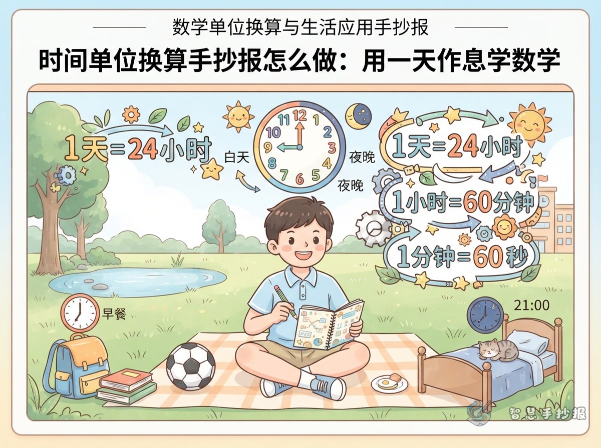 时间单位换算手抄报怎么做：用一天作息学数学 - 智慧手抄报专题封面图