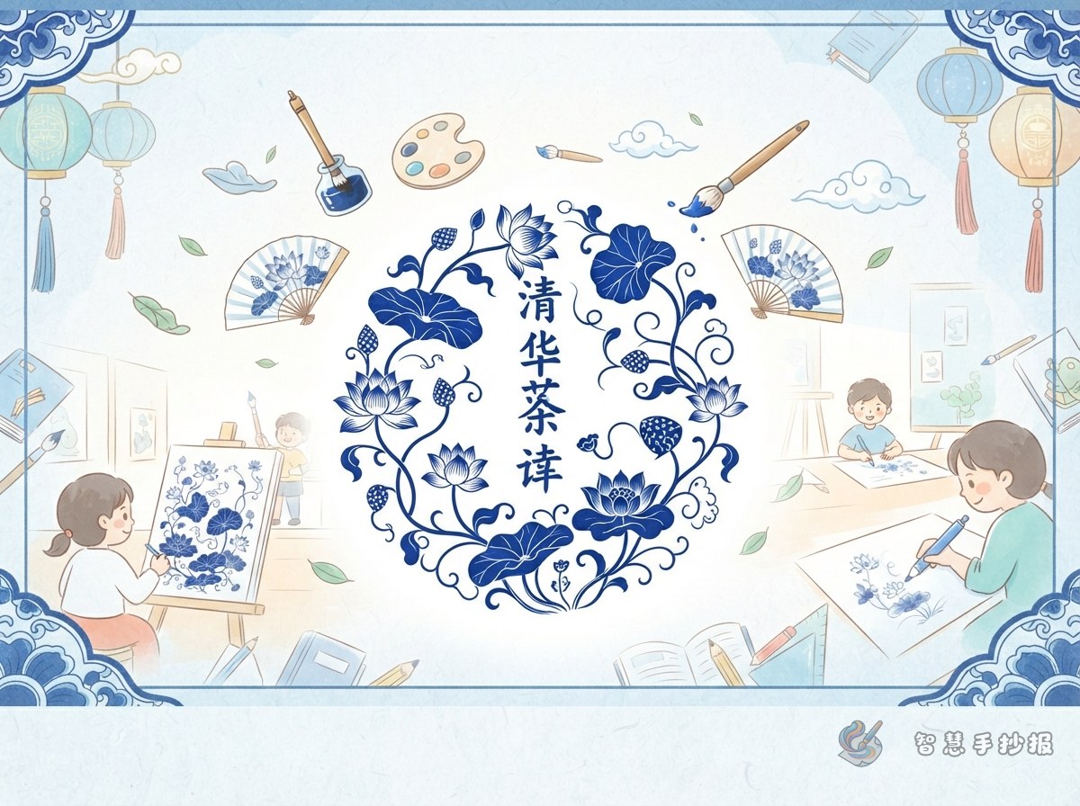 青花缠枝莲纹手抄报怎么画才清雅 - 智慧手抄报专题封面图