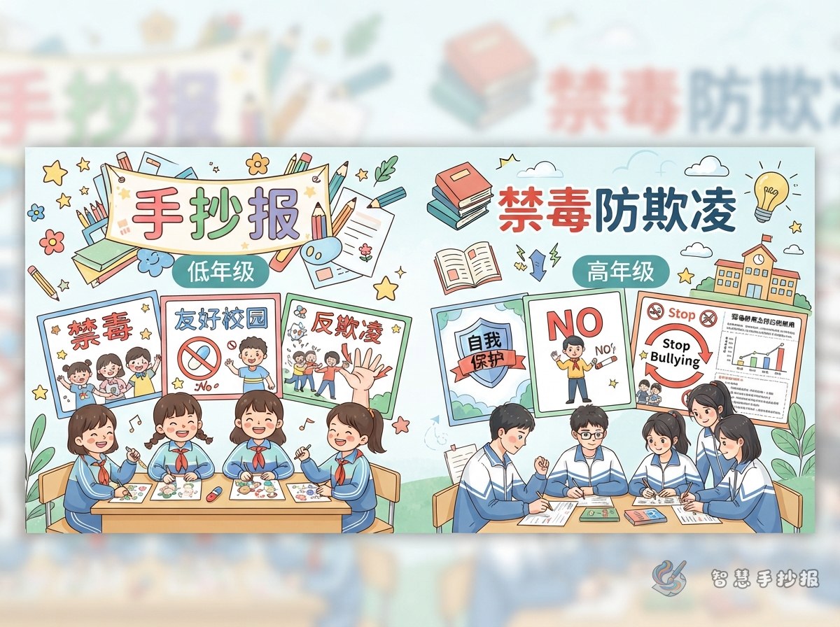 低年级和高年级的禁毒防欺凌手抄报有什么不一样的做法 - 智慧手抄报专题封面图
