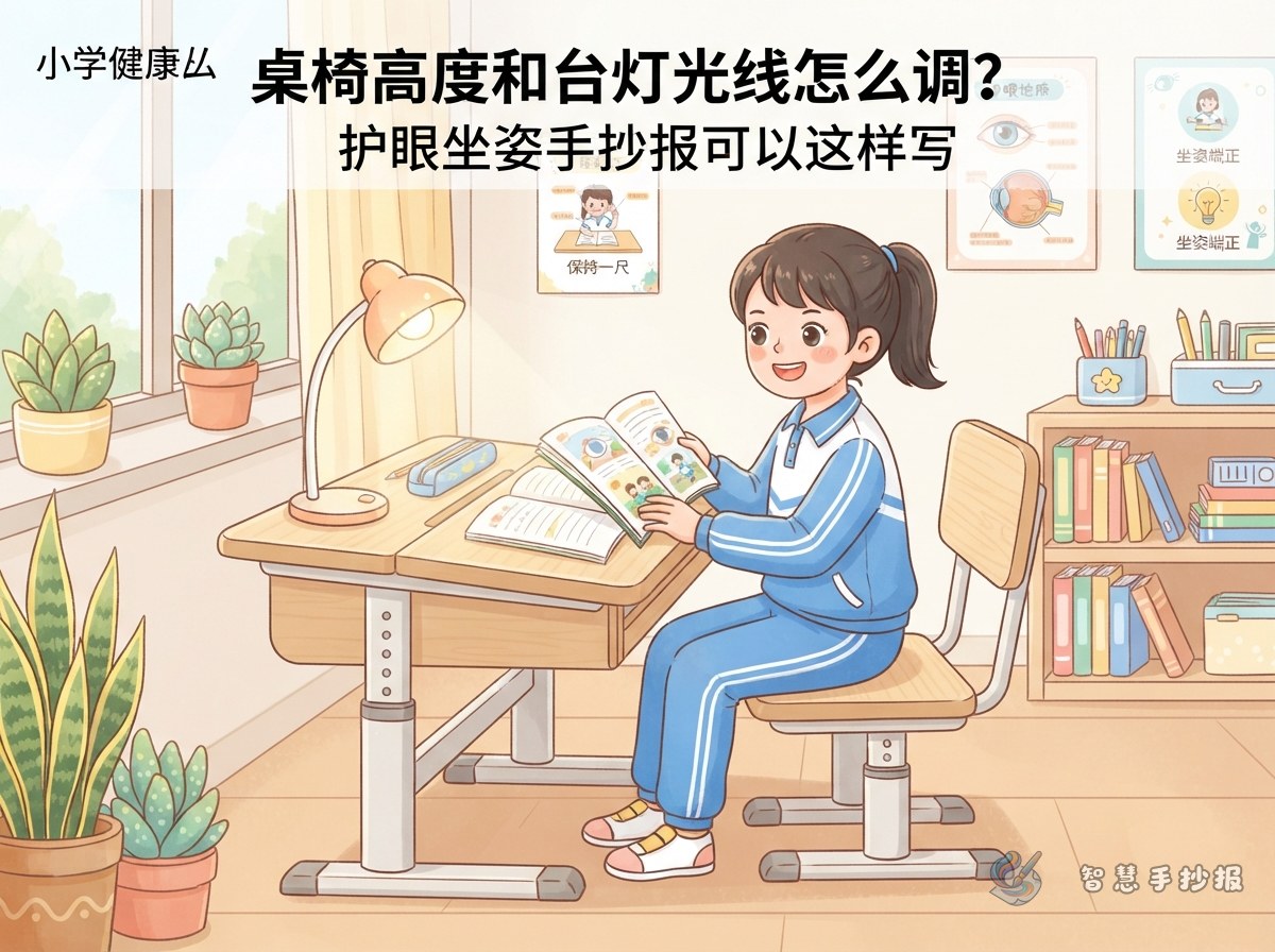 桌椅高度和台灯光线怎么调？护眼坐姿手抄报可以这样写 - 智慧手抄报专题封面图