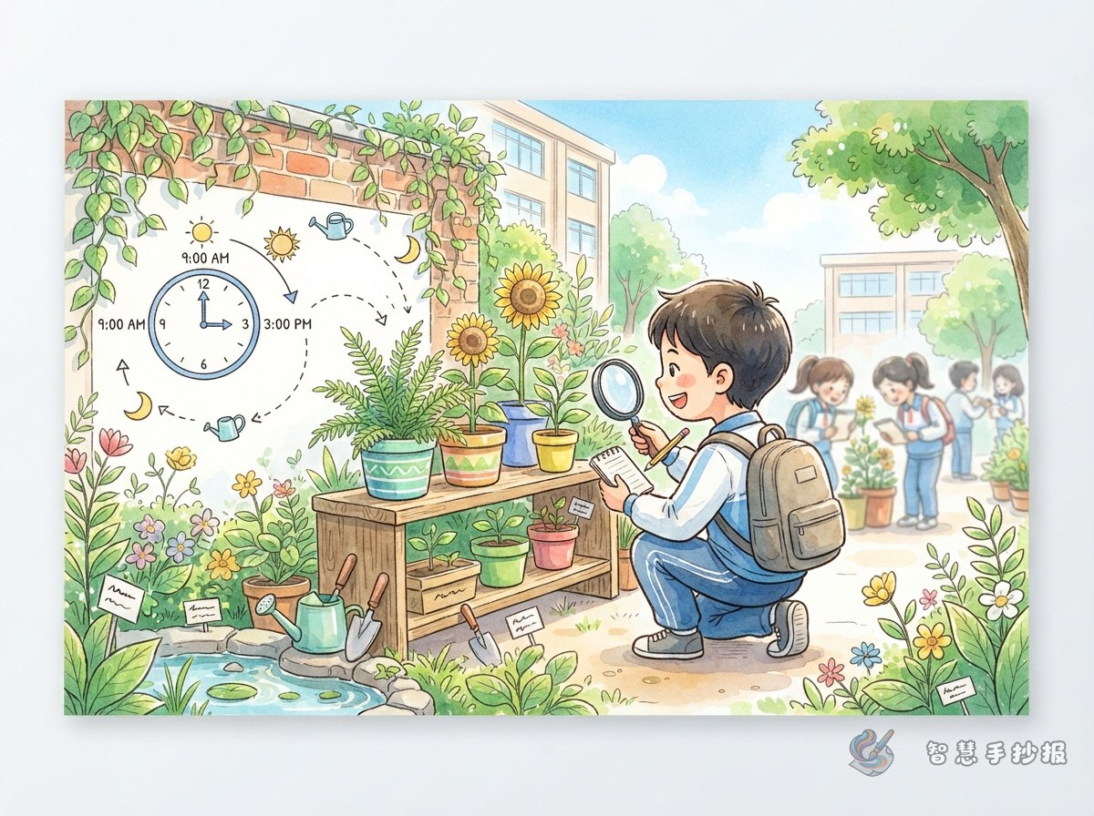 校园植物角一日观察手抄报怎么写出时间线 - 智慧手抄报专题封面图