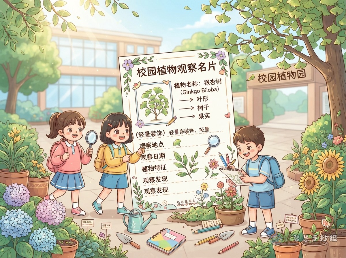 校园植物观察科普手抄报怎么给植物做一张观察名片？ - 智慧手抄报专题封面图