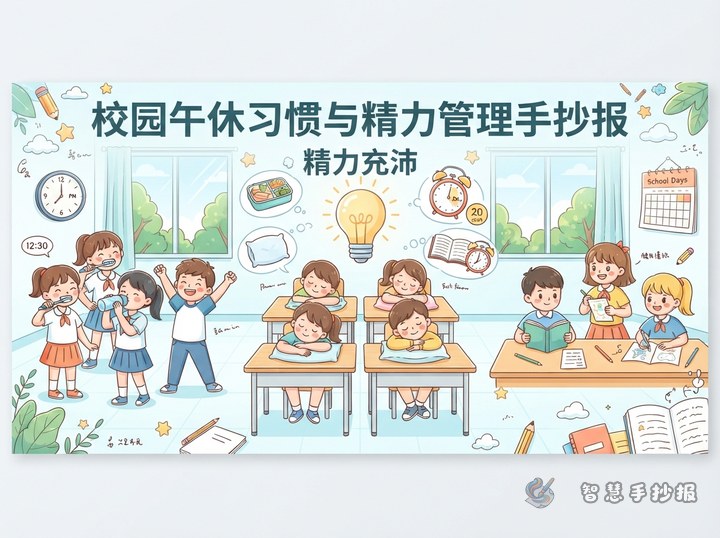 学生午休总是睡不醒，手抄报可以写哪些改善习惯的小点子？ - 校园午休习惯与精力管理手抄报手抄报封面