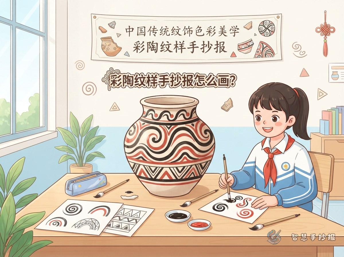 彩陶纹样手抄报怎么画？黑红配色和旋涡纹画法 - 智慧手抄报专题封面图