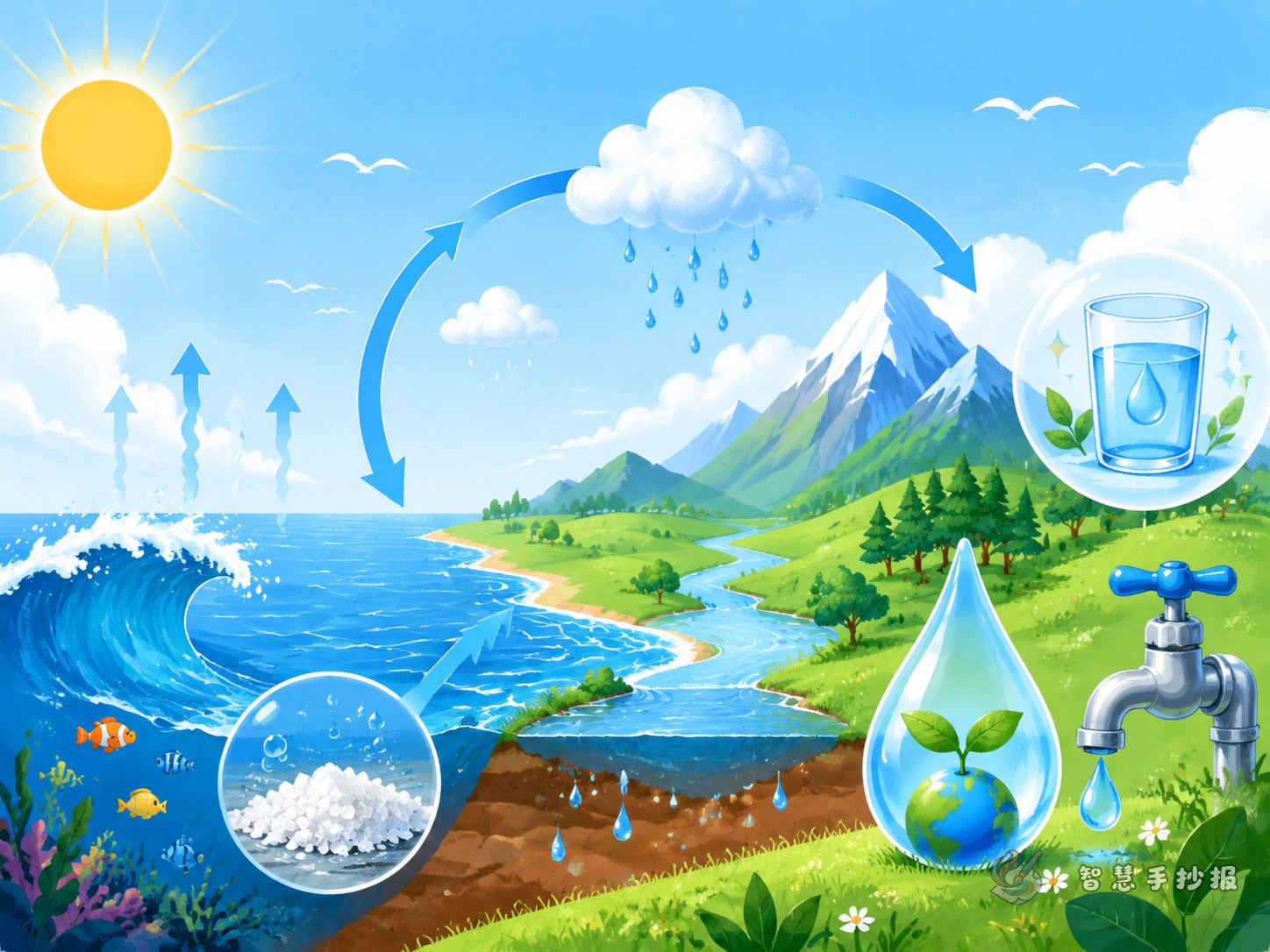 海水为什么不能直接喝？手抄报怎么把水循环和淡水珍贵讲清楚 - 智慧手抄报专题封面图