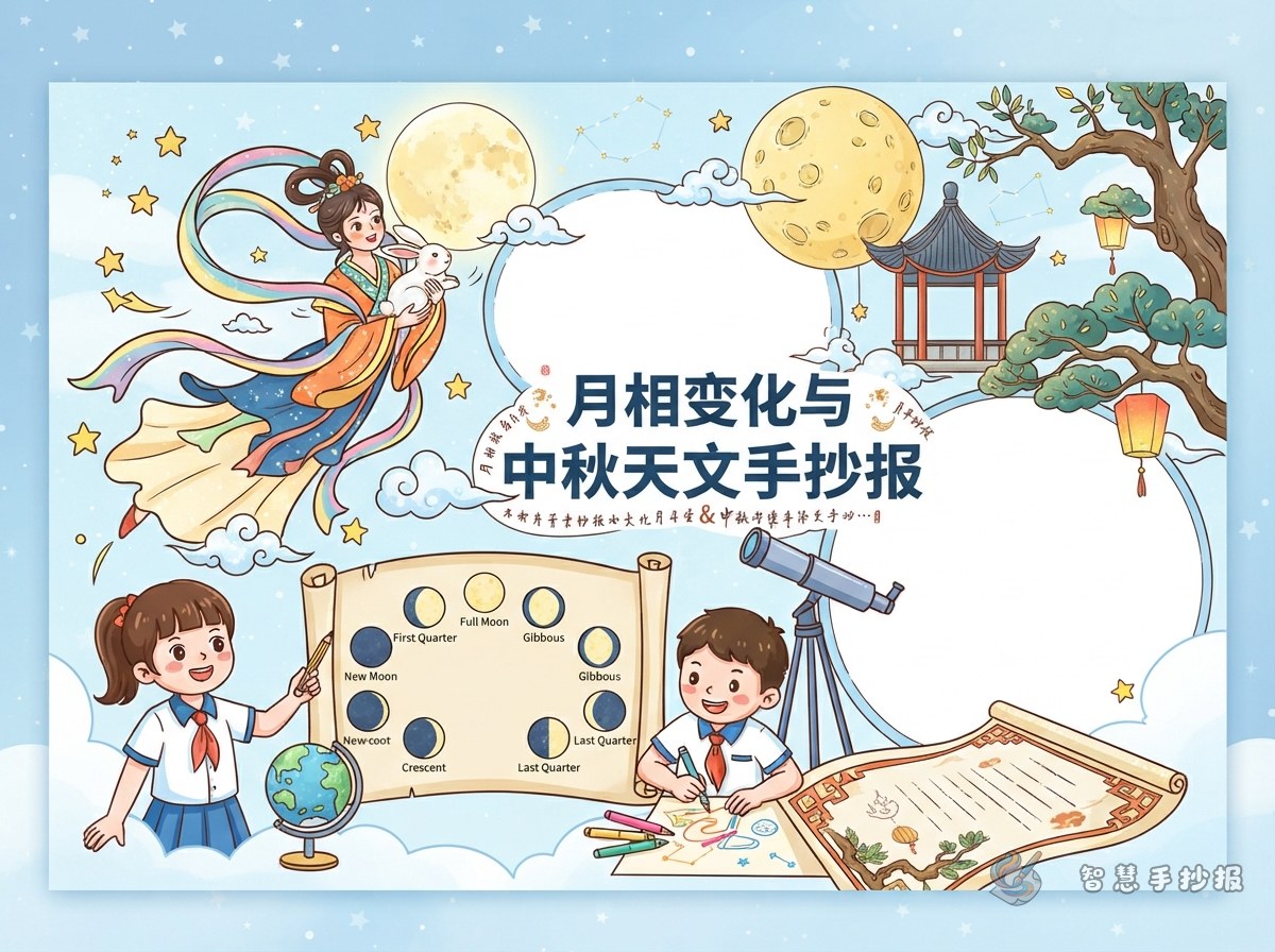 嫦娥奔月和月相有什么关系？中秋天文手抄报这样编排 - 智慧手抄报专题封面图