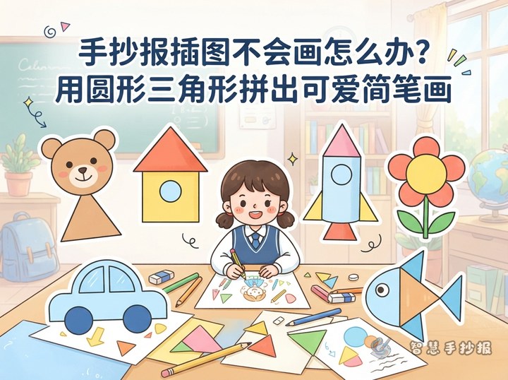 手抄报插图不会画怎么办？用圆形三角形拼出可爱简笔画 - 相关内容封面