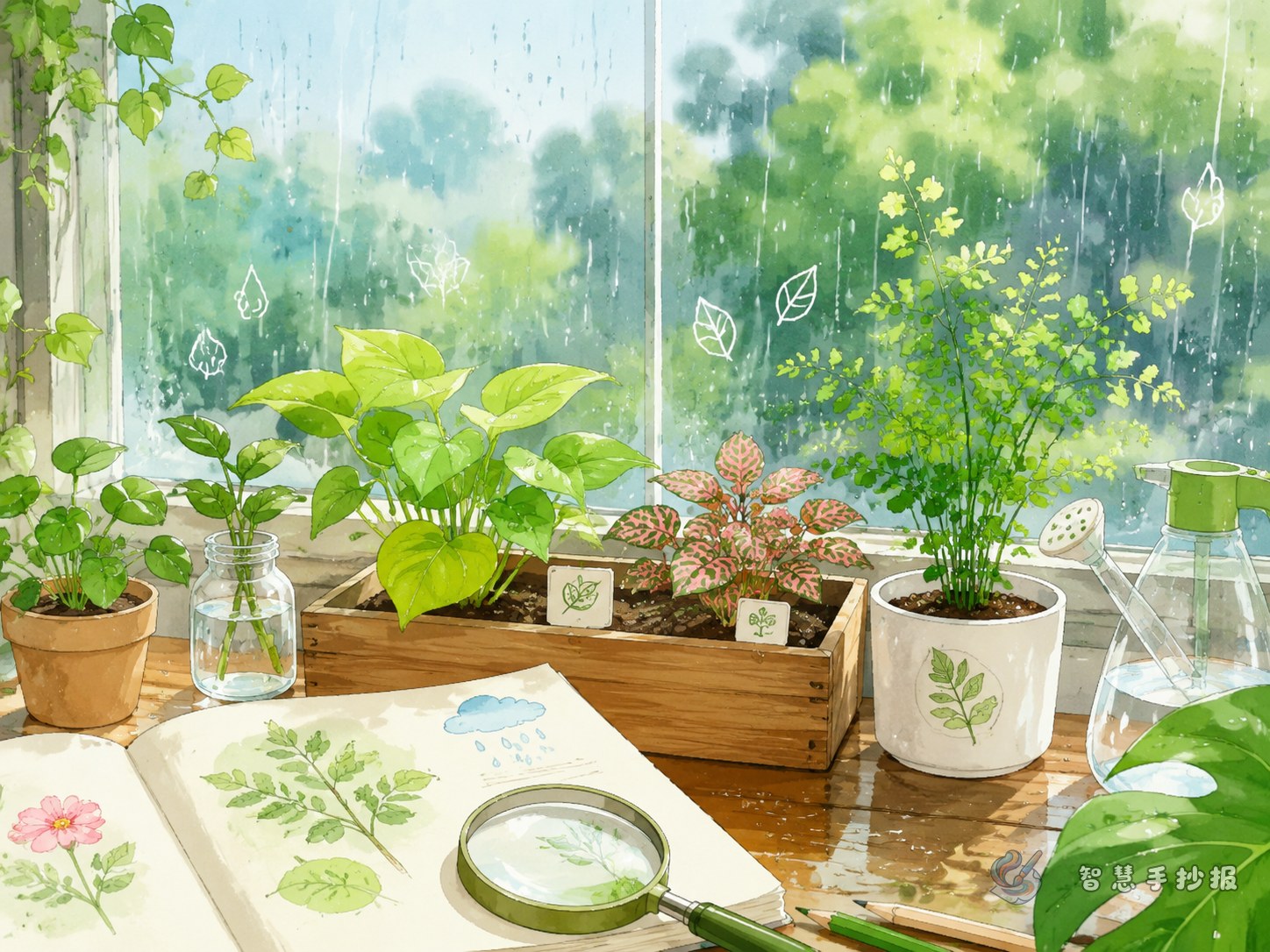 下雨天校园植物角观察手抄报怎么写更生动 - 智慧手抄报专题封面图