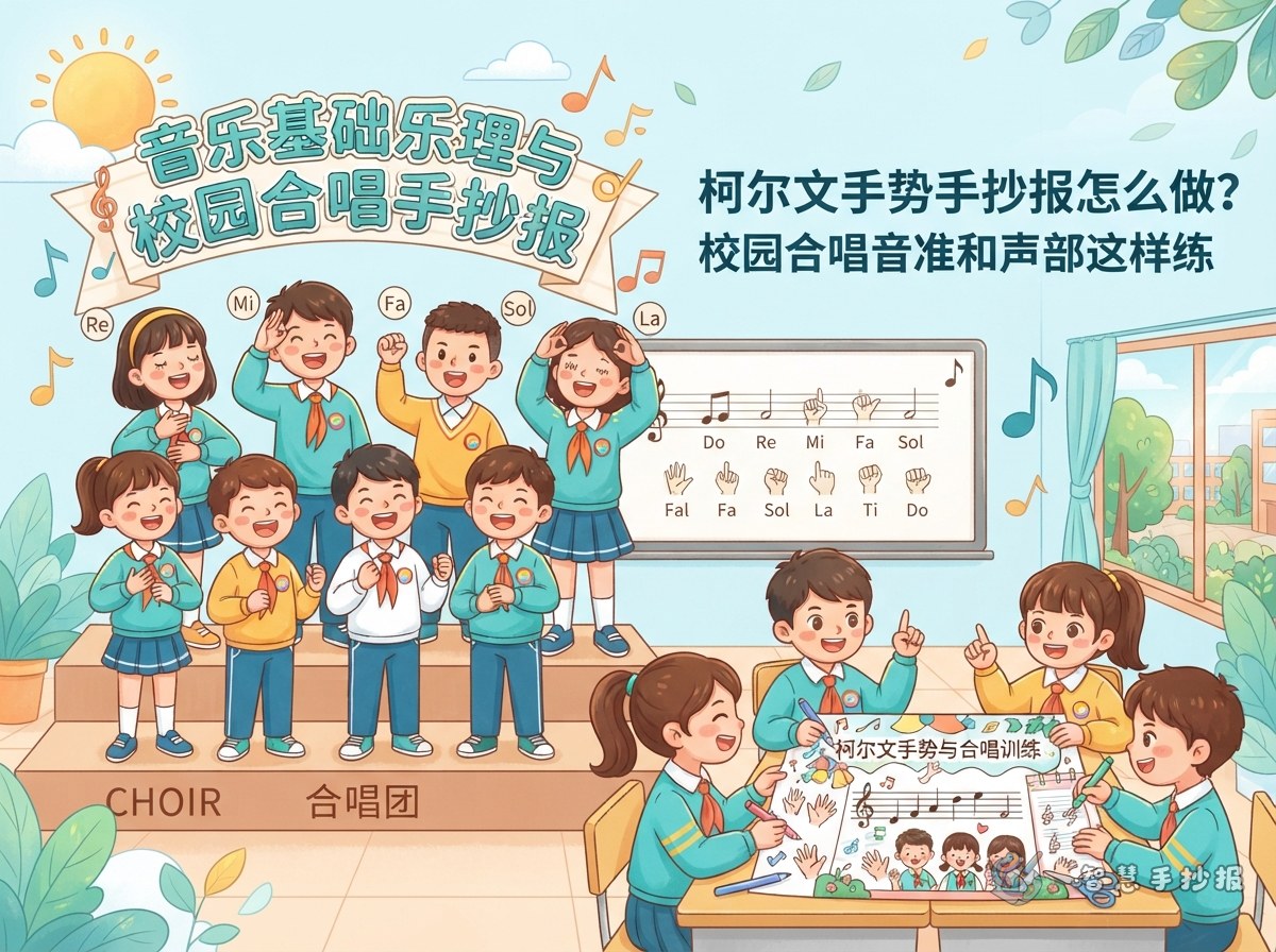 柯尔文手势手抄报怎么做？校园合唱音准和声部这样练 - 智慧手抄报专题封面图