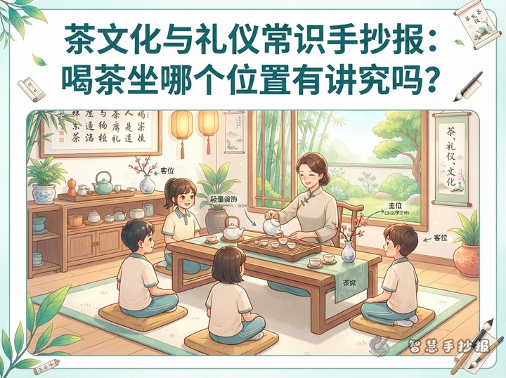 喝茶坐哪个位置有讲究吗？茶席座次礼仪手抄报素材 - 手抄报专题封面