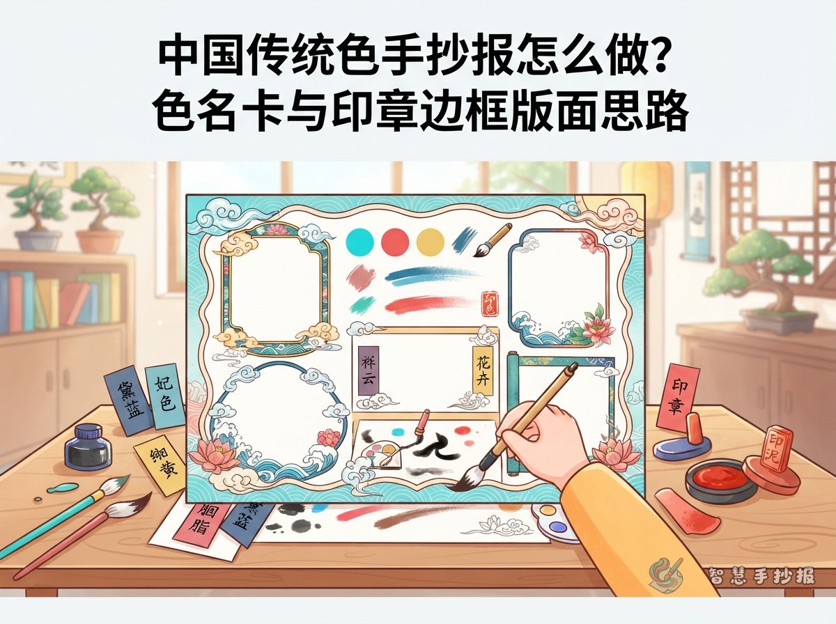 中国传统色手抄报怎么做？色名卡与印章边框版面思路 - 智慧手抄报专题封面图