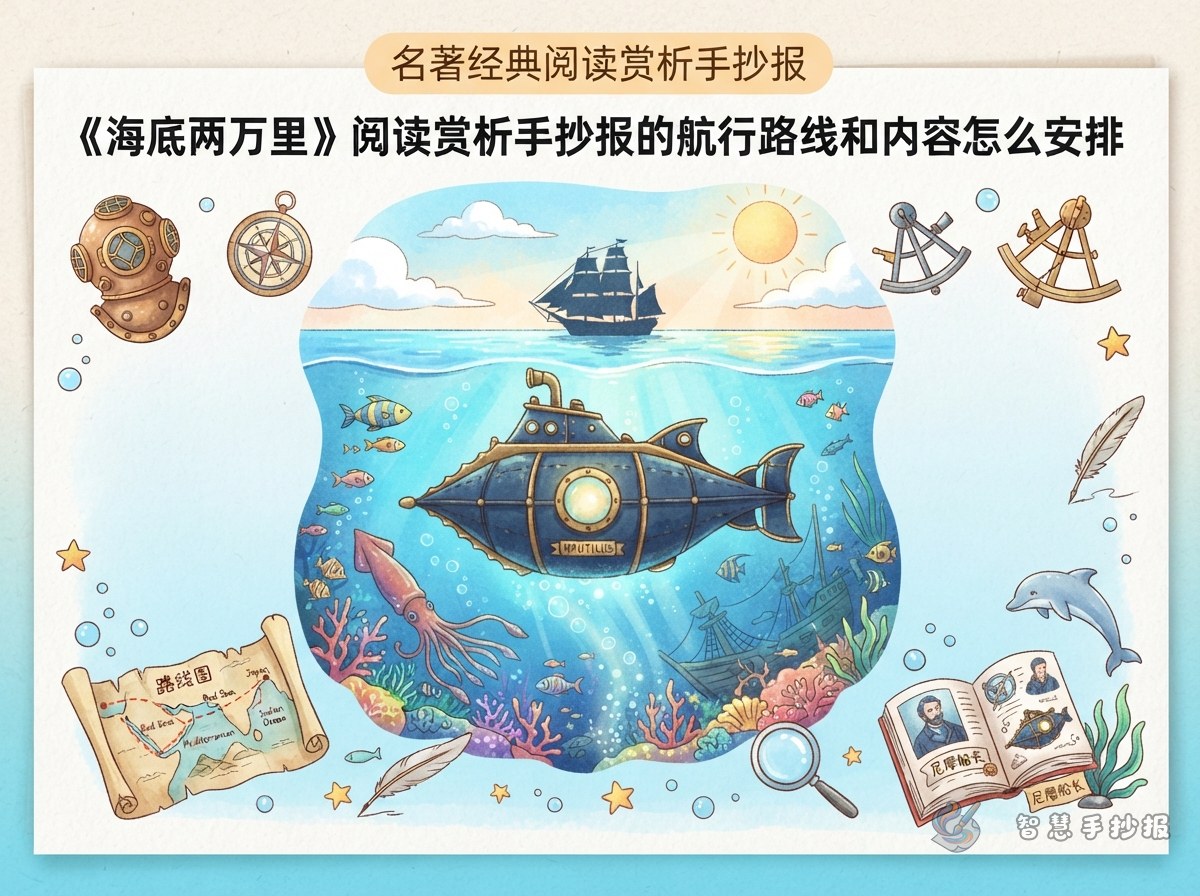 《海底两万里》阅读赏析手抄报的航行路线和内容怎么安排 - 智慧手抄报专题封面图