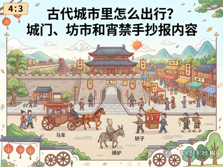 古代城市里怎么出行？城门、坊市和宵禁手抄报内容 - 中国古代交通工具与出行文化手抄报系列作品预览