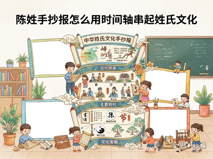 陈姓手抄报怎么用时间轴串起姓氏文化 - 中华姓氏文化手抄报系列作品预览