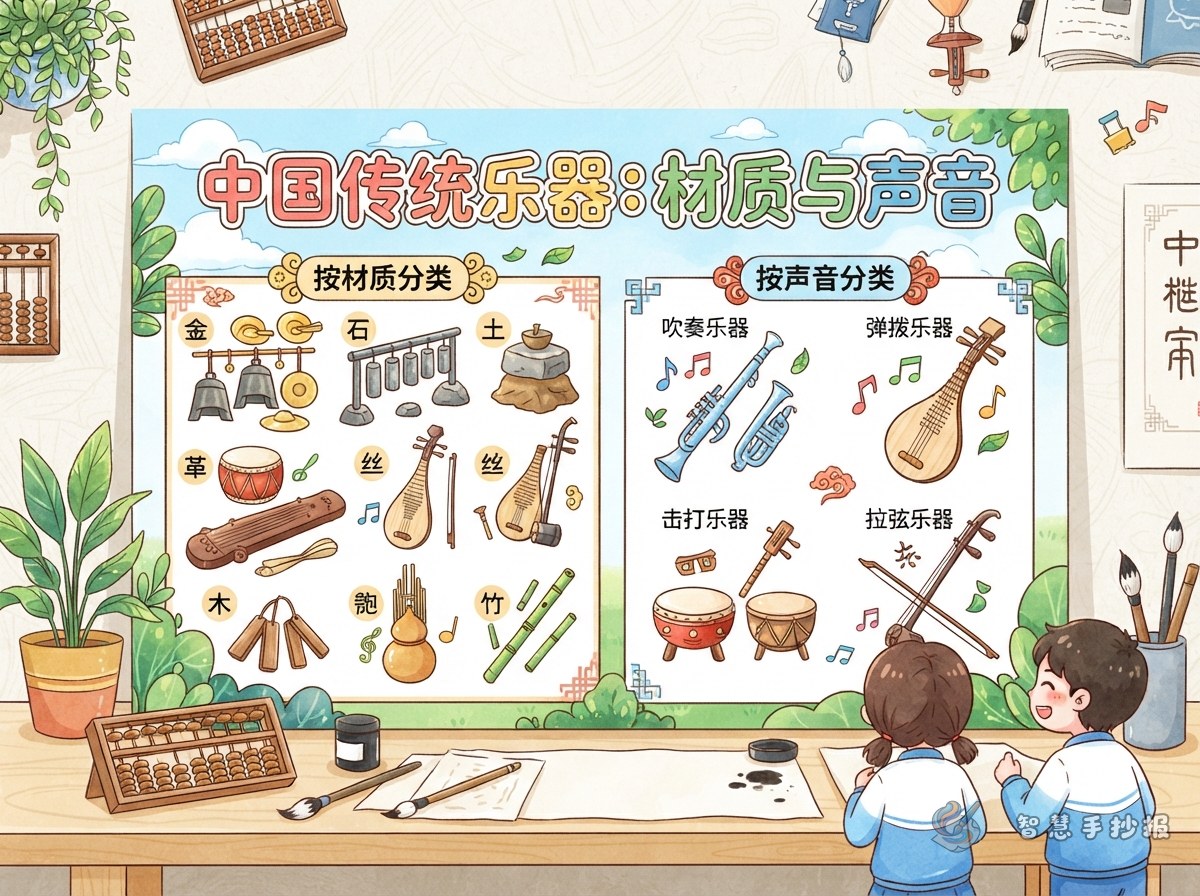 中国传统乐器手抄报可以按材质和声音来设计吗？ - 智慧手抄报专题封面图