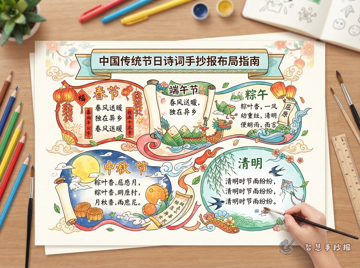 传统节日诗词手抄报怎么把多个节日排在一张纸上 - 智慧手抄报专题封面图