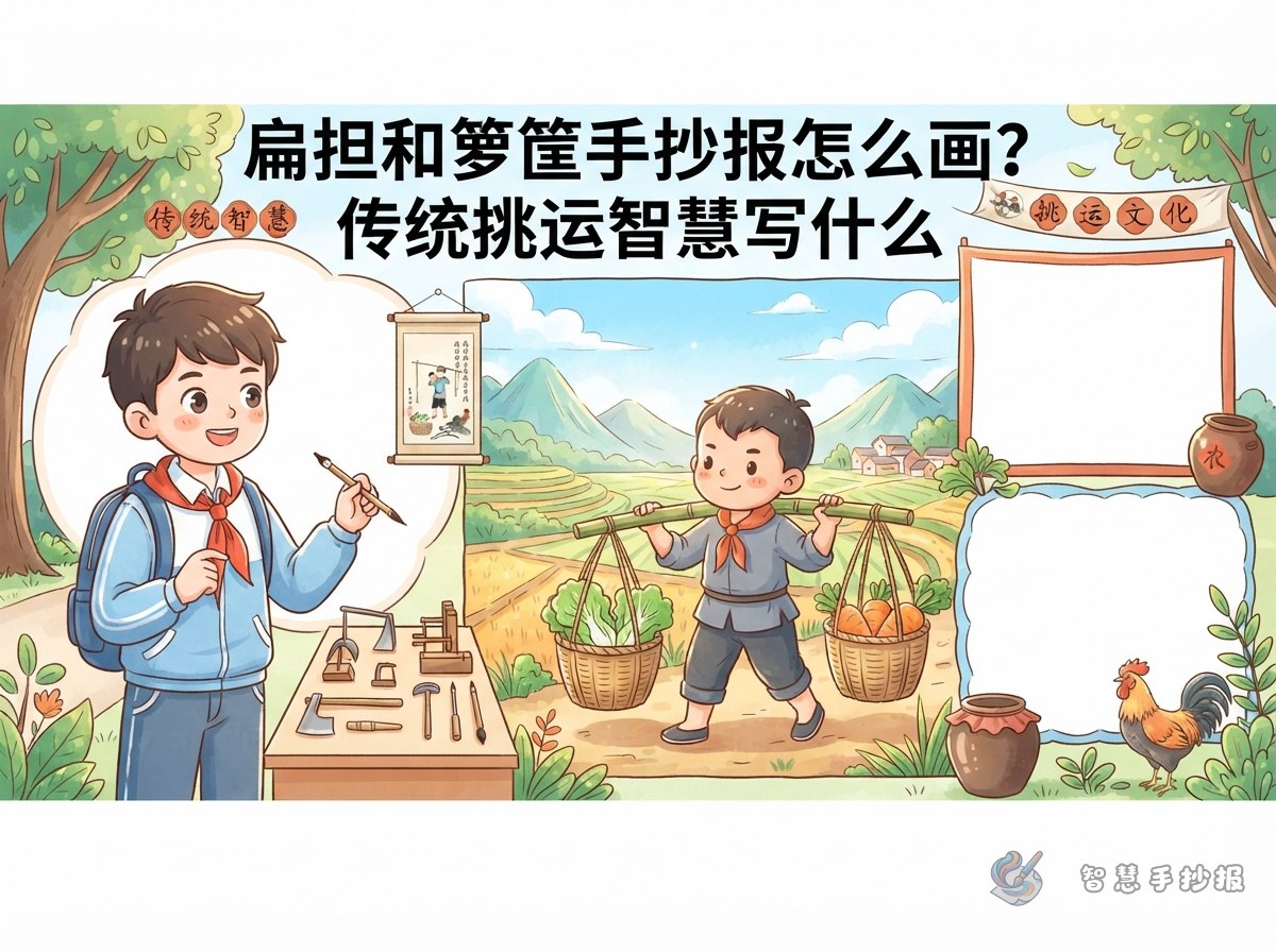 扁担和箩筐手抄报怎么画？传统挑运智慧写什么 - 智慧手抄报专题封面图