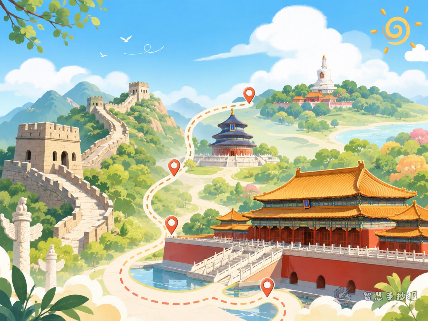 Can a Great Wall and Forbidden City handwritten newspaper use a travel route theme? - Poster topic cover image