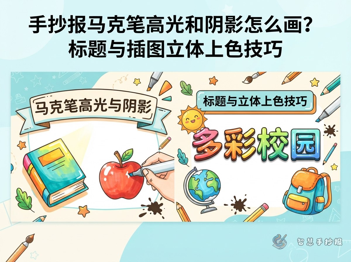 手抄报马克笔高光和阴影怎么画？标题与插图立体上色技巧 - 智慧手抄报专题封面图