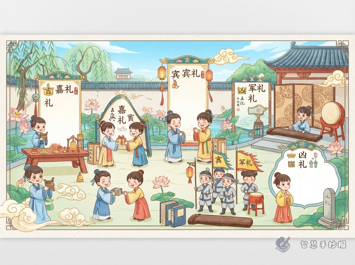 五礼分别指什么？中国古代礼乐文明手抄报内容与栏目设计 - 智慧手抄报专题封面图