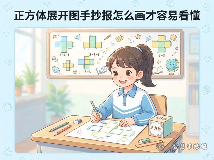正方体展开图手抄报怎么画才容易看懂 - 几何图形与空间认知手抄报系列作品预览