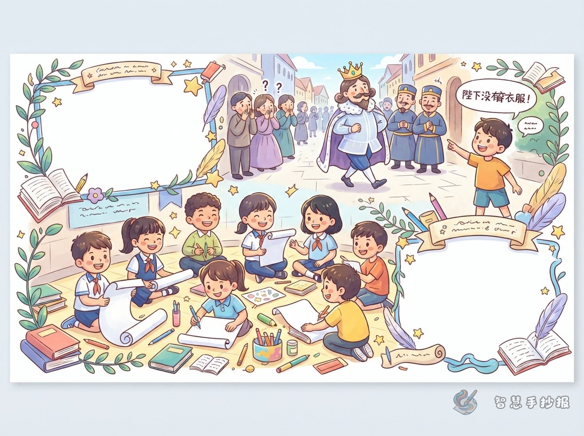 《皇帝的新装》手抄报怎么写出诚实和敢说真话的主题 - 智慧手抄报专题封面图