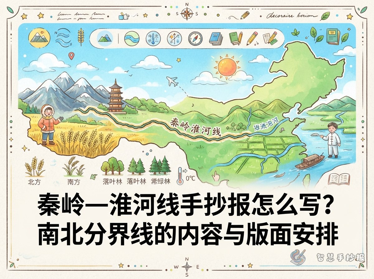 秦岭&mdash;淮河线手抄报怎么写？南北分界线的内容与版面安排 - 智慧手抄报专题封面图