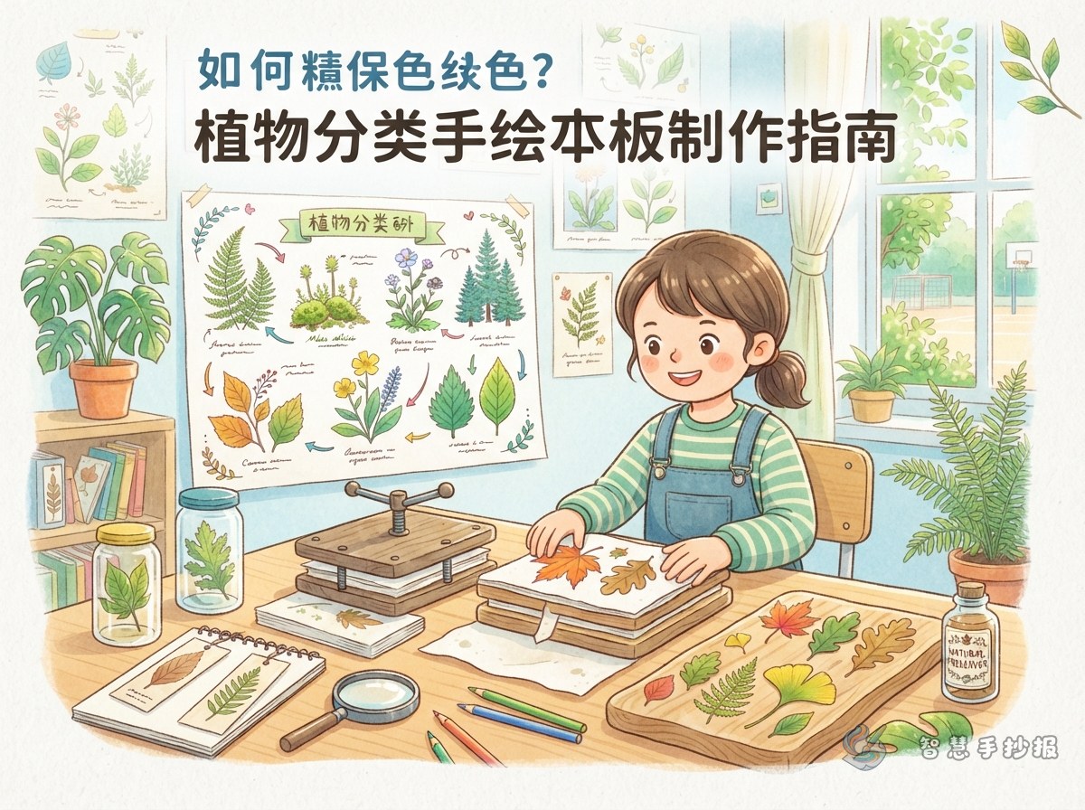 树叶标本怎么压平又不变色？植物分类手抄报这样做 - 智慧手抄报专题封面图