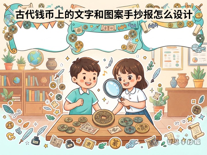 古代钱币上的文字和图案手抄报怎么设计 - 古代货币与商业文明手抄报系列作品预览