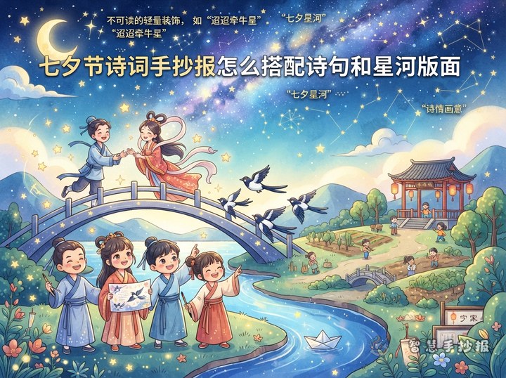 How to Pair Poems with a Starry Layout for a Qixi Festival Handwritten Newspaper - Sketch Topic Cover