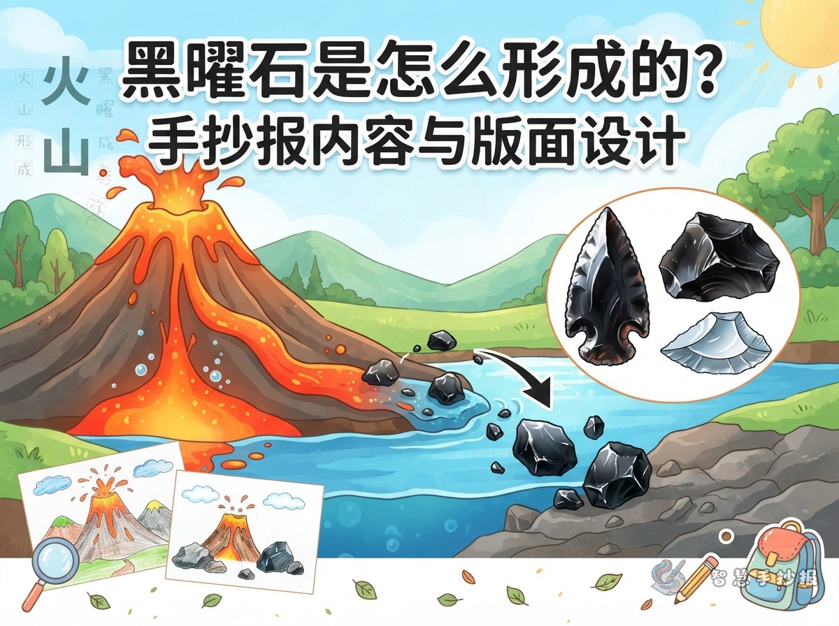 黑曜石是怎么形成的？手抄报内容与版面设计 - 智慧手抄报专题封面图