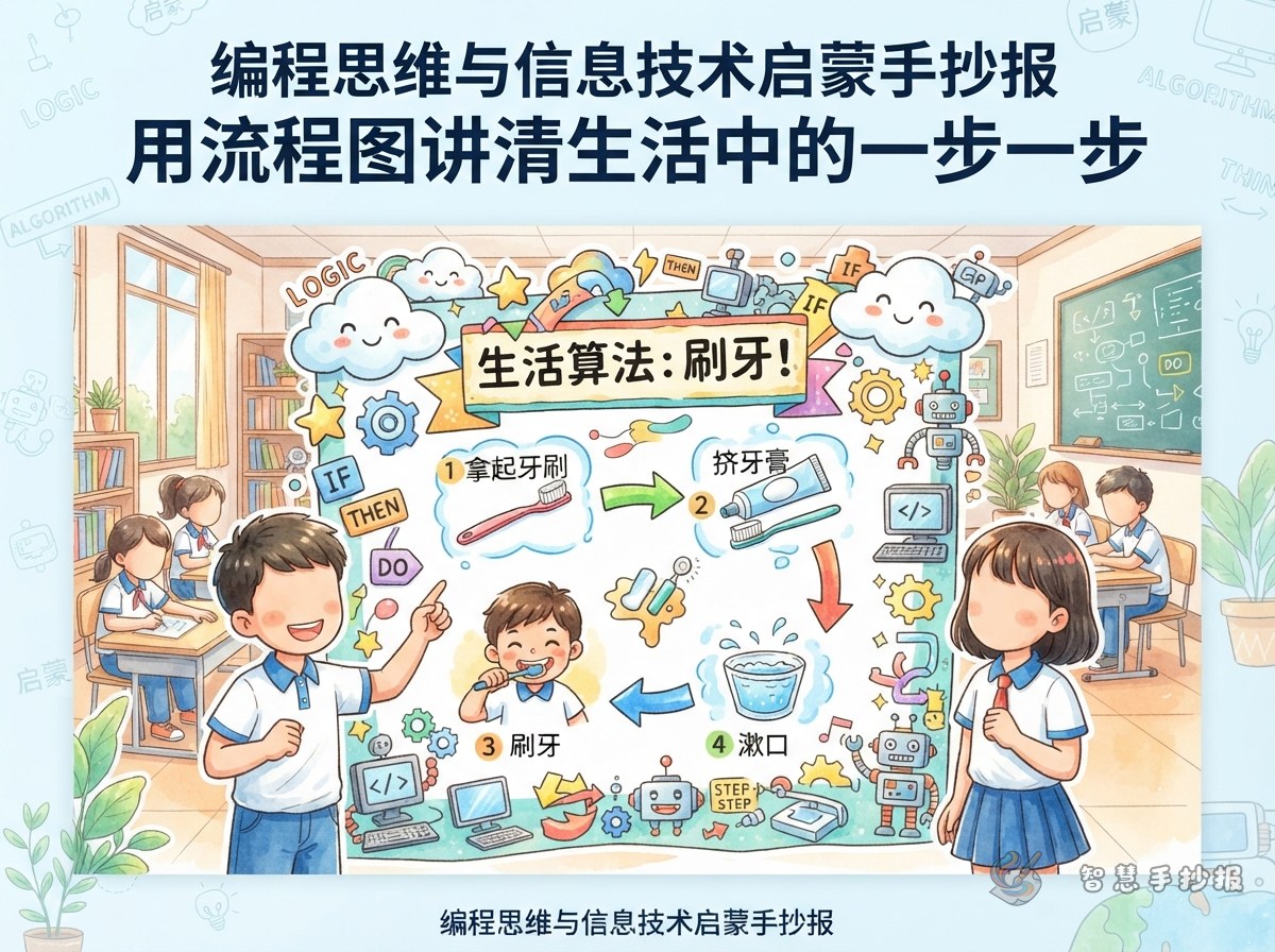编程思维手抄报怎么做？用流程图讲清生活中的一步一步 - 智慧手抄报专题封面图