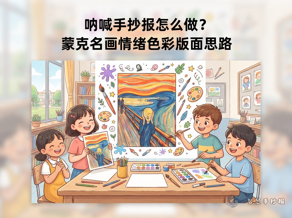 呐喊手抄报怎么做？蒙克名画情绪色彩版面思路 - 智慧手抄报专题封面图