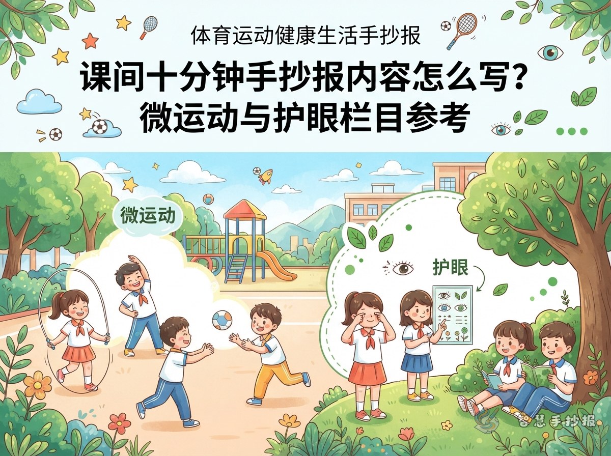 课间十分钟手抄报内容怎么写？微运动与护眼栏目参考 - 智慧手抄报专题封面图